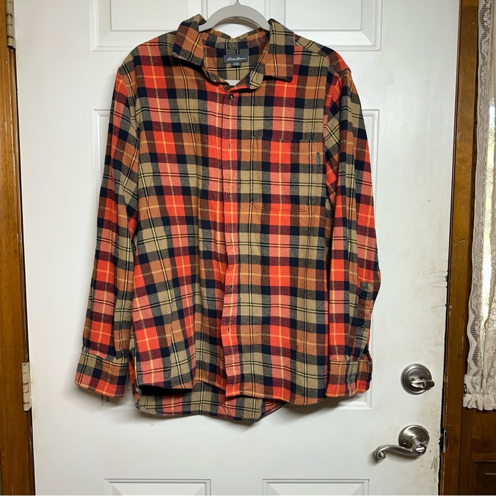 Eddie Bauer Mens Large Flannel Button Shirt Harvest Plaid Work Outdoor Farm‎